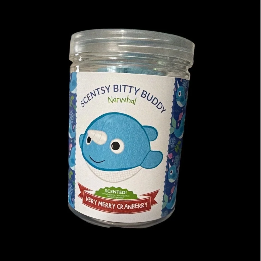 Scentsy Bitty Buddy Narwhal Very Merry Cranberry Scented Plush Blue New Canister
